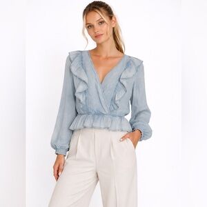 ALEXIS ROE Dusty Blue Tencel Ruffle Wrap Blouse Large Soft Feminine